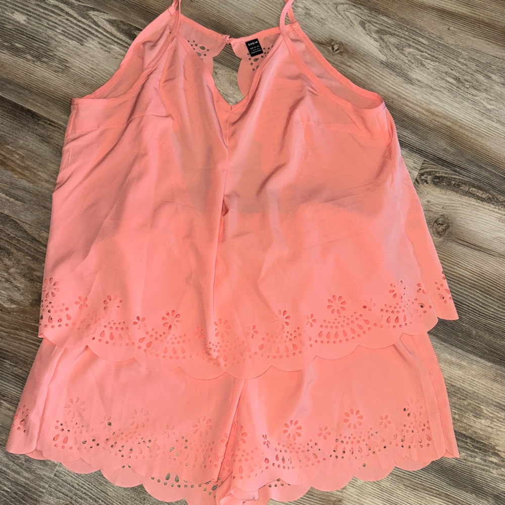SHEIN Coral Sleeveless Eyelet Blouse